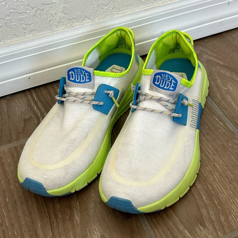 Hey Dude White and Blue Shoes with Green Accents - Picture 2 of 5